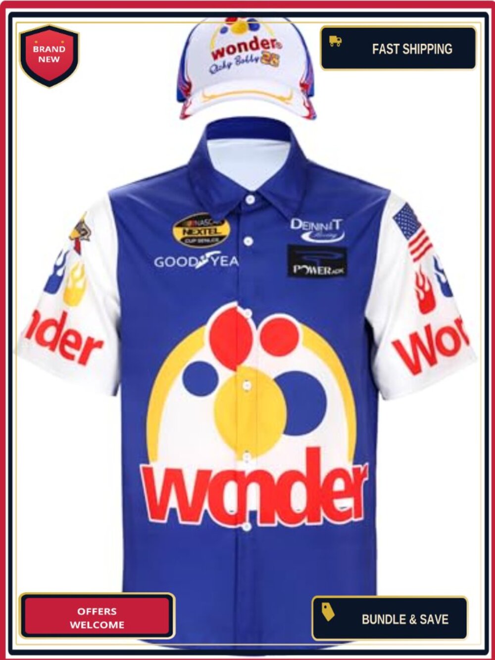 Ricky Bobby Costume Men Short Sleeve Shirt & Hat Halloween Race Car Driver